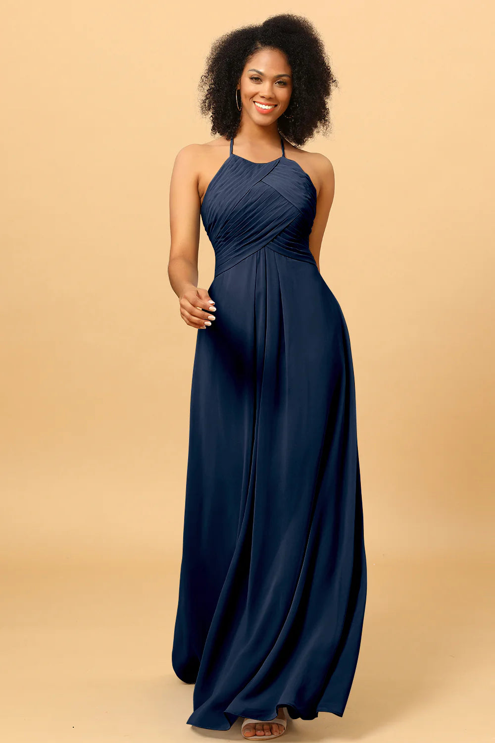 Sheath Halter Open Back Long Chiffon Bridesmaid Dress