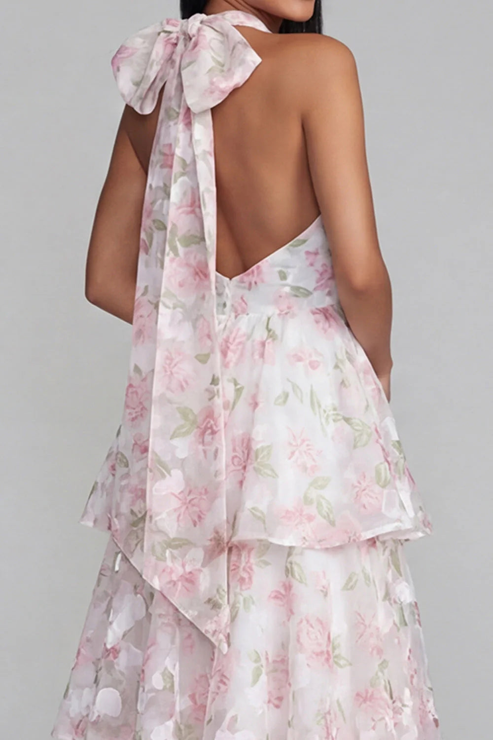 Blue Halter A Line Tiered Floral Wedding Guest Dress