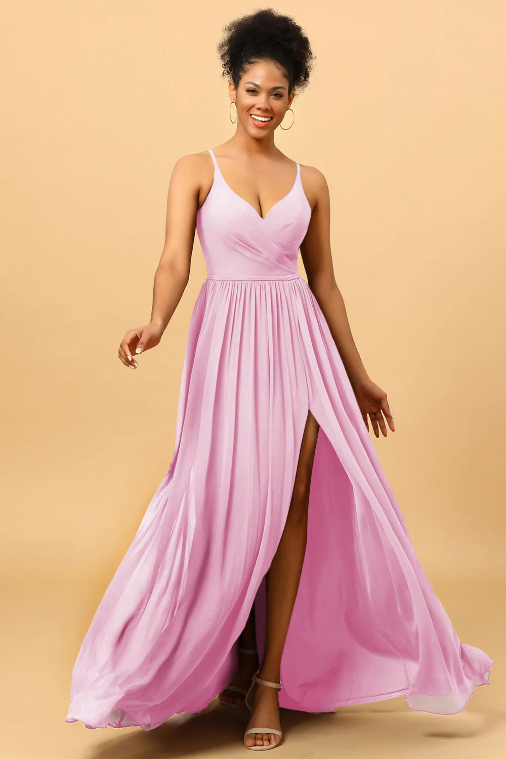 A Line Spaghetti Straps Ruched Long Chiffon Bridesmaid Dress with Slit