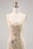 Apricot Spaghetti Straps Bodycon Sequins Homecoming Dress