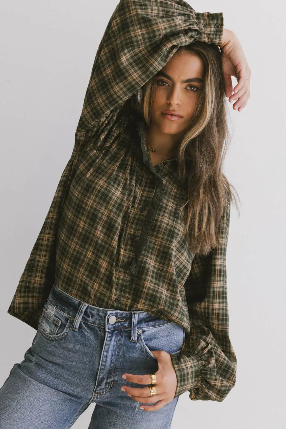 Rue Plaid Button Up in Hunter Green FINAL SALE