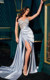 CHANDRA GOWN SATIN DRESS WITH BEADED BODICE HIP SASH