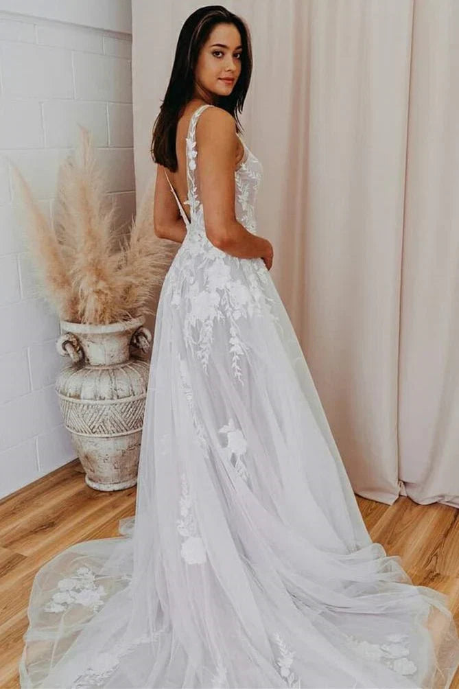 A Line V Back Long White Wedding Dress with Lace Appliqued
