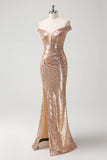 Sparkly Champagne Mermaid Off The Shoulder Sequins Party Dress with Slit