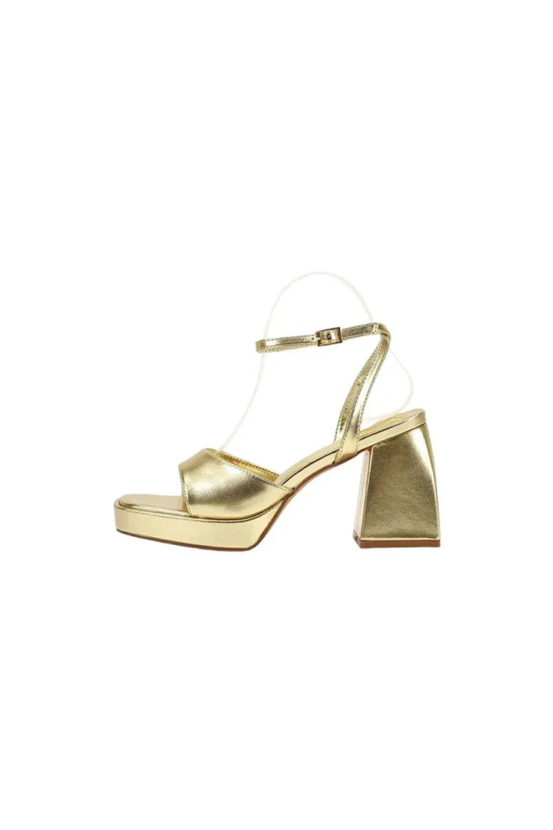 Gold Peep Toe Ankle Strap Chunky Heel Prom Shoes