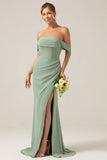 Dusty Sage Sheath Off the Shoulder Pleated Chiffon Bridesmaid Dress With Slit