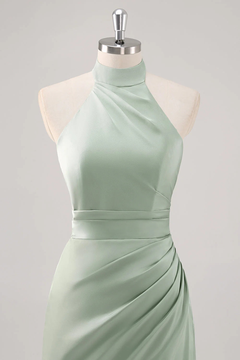 Sage Green Sheath Halter Ruched Satin Long Bridesmaid Dress with Slit
