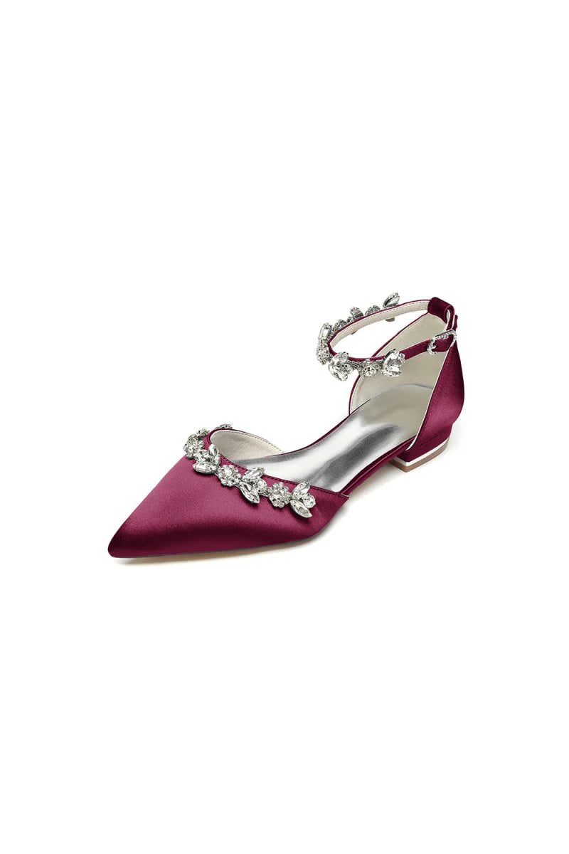 Pointed Toe Rhinestone Beaded Ankle Strap Kitten Heels