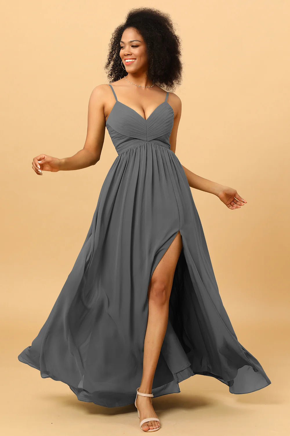 A Line Spaghetti Straps Ruched Long Chiffon Bridesmaid Dress with Slit