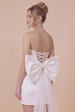 Strapless Basque Satin Bodycon White Graduation Dress with Bow