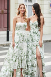 Green A Line Spaghetti Straps Printed Bridesmaid Dress With Slit