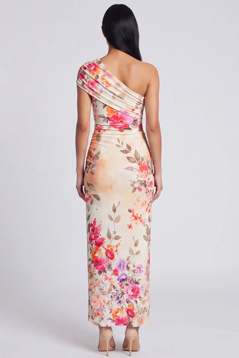 Black One Shoulder Sheath Floral Wedding Guest Dress with Slit