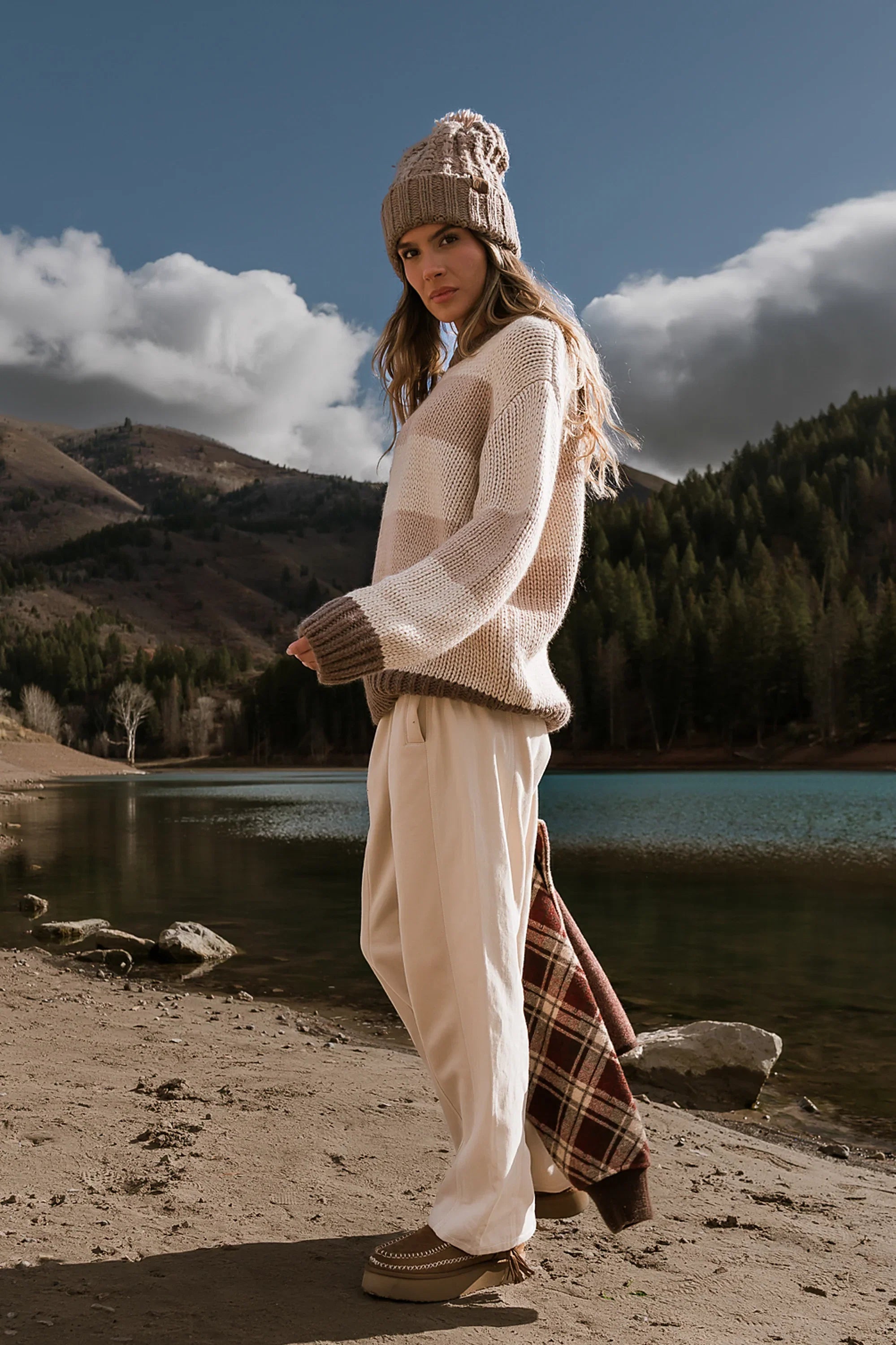 Malinda Mixed Media Baggy Pants in Cream