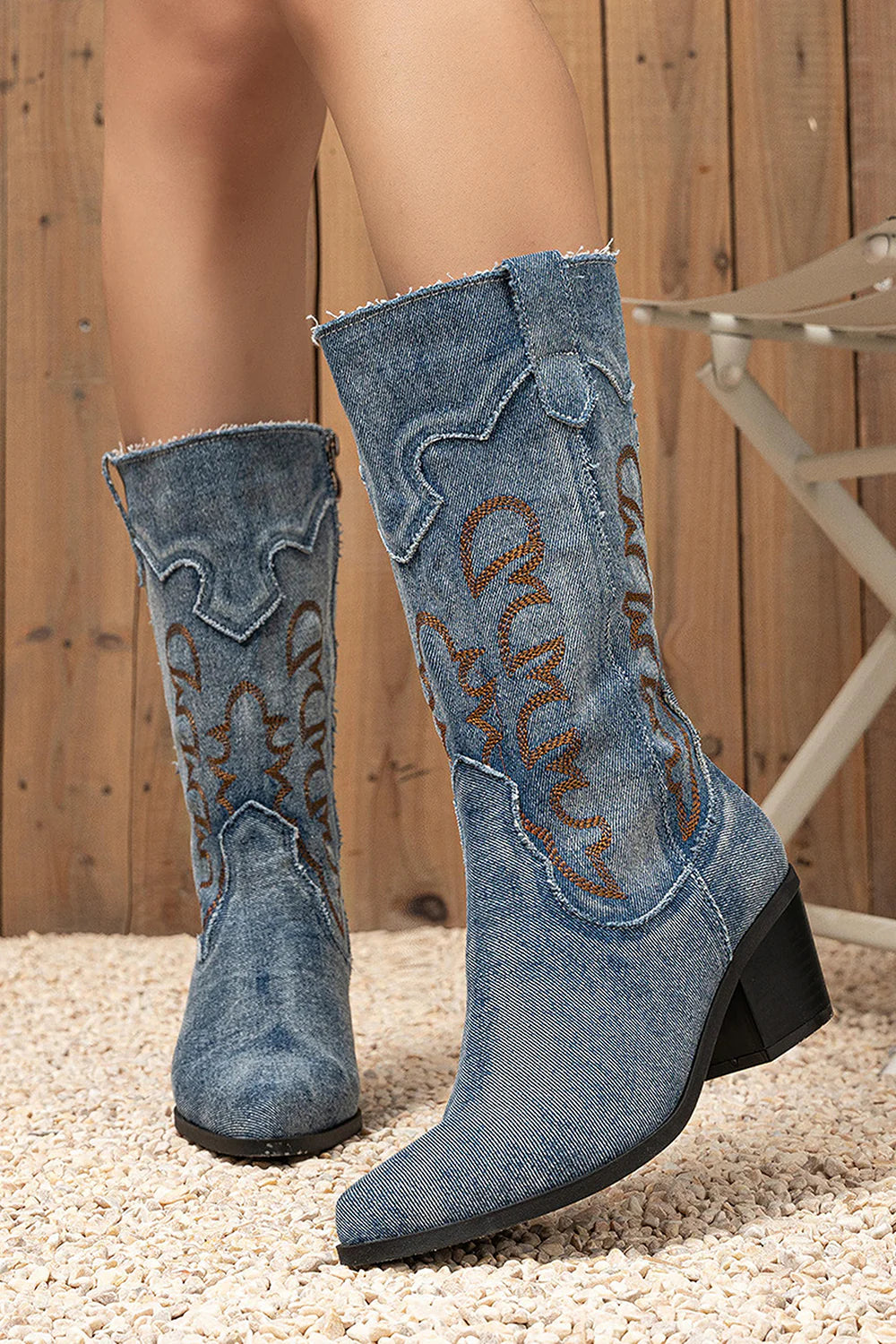 Denim Embroidered Mid Calf Cowboy Boots