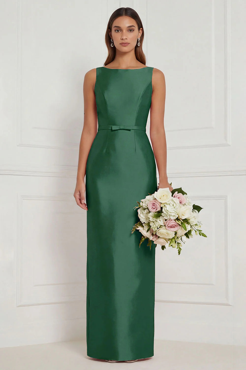 Sage Green Sheath Bateau Neck Satin Bridesmaid Dress