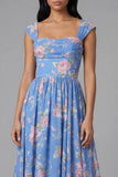 Floral Blue A Line Midi Wedding Guest Dress with Cap Sleeves