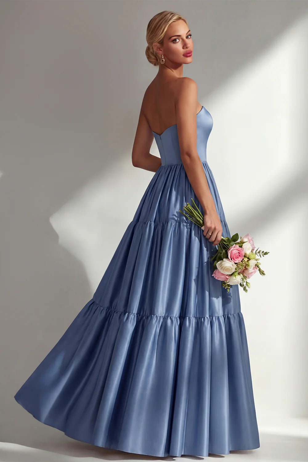 Off the Shoulder A Line Steel Blue Long Prom Dress with Removable Sleeves