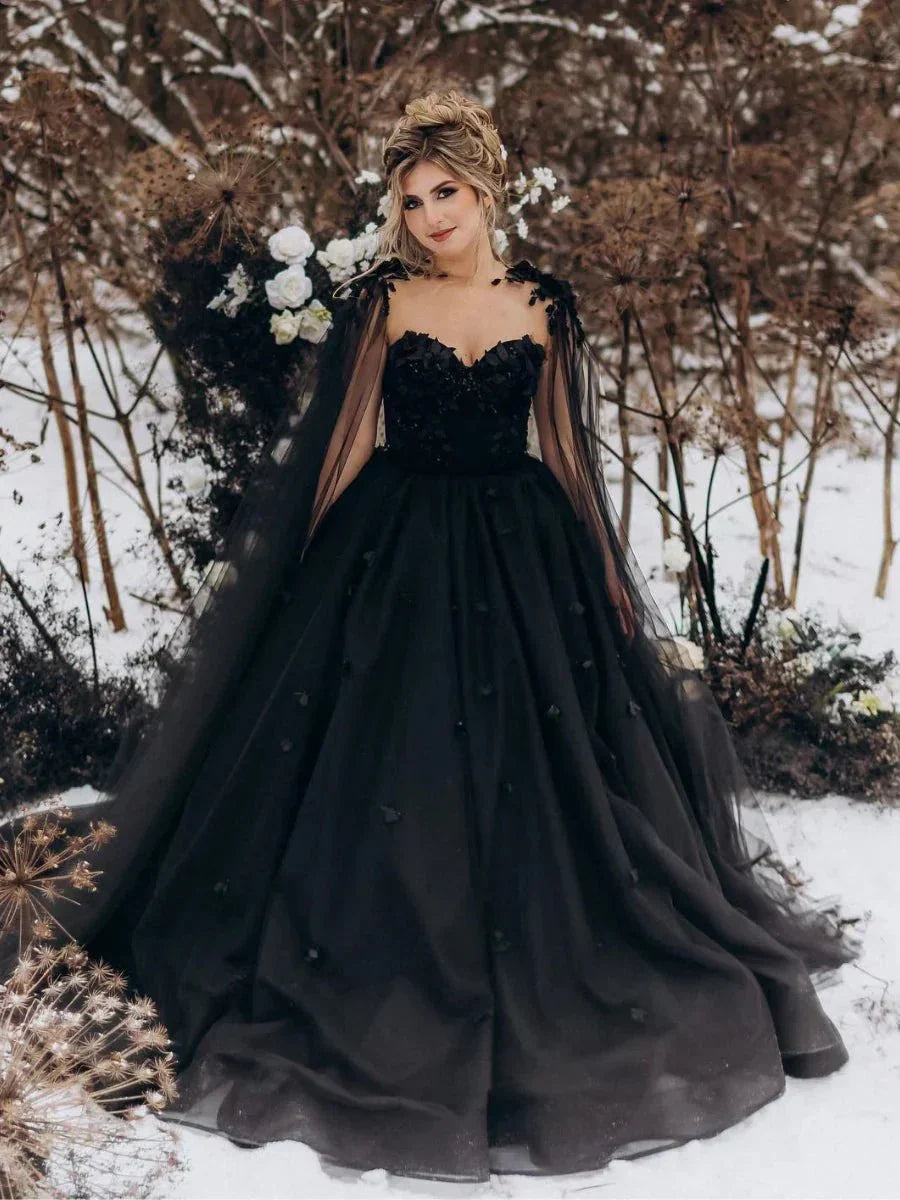 A Line Black Gothic Wedding Dress 3D Flowers Tulle With Cape