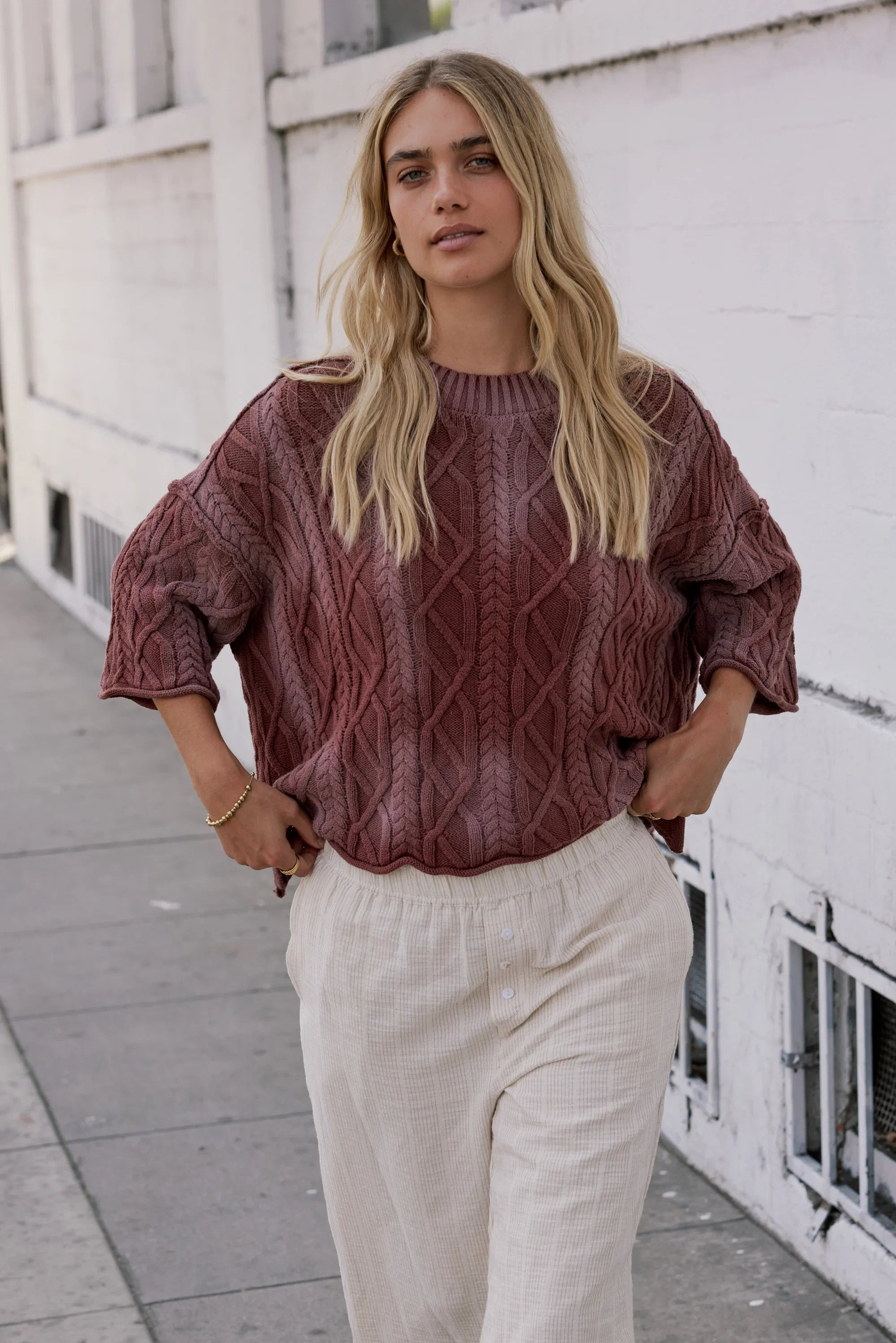 Raegan Cable Knit Sweater in Burgundy FINAL SALE