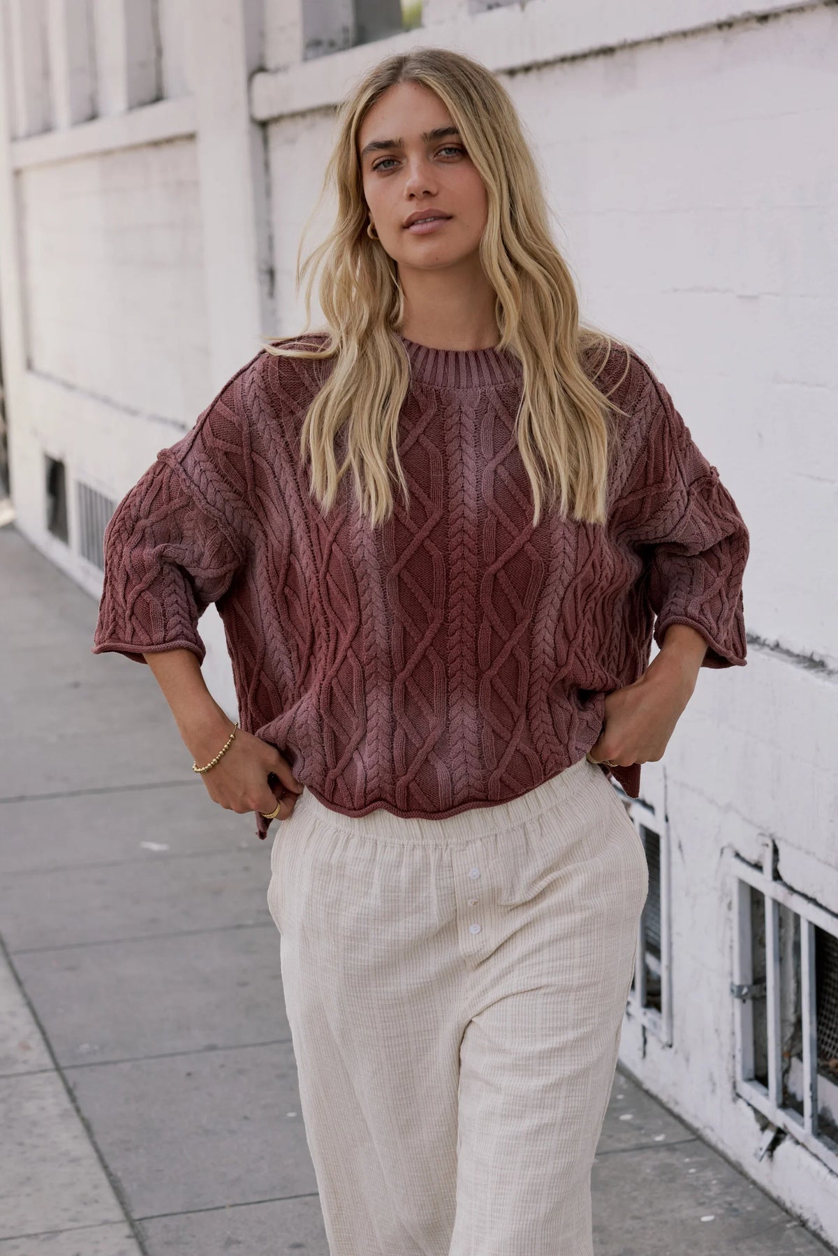 Raegan Cable Knit Sweater in Burgundy FINAL SALE