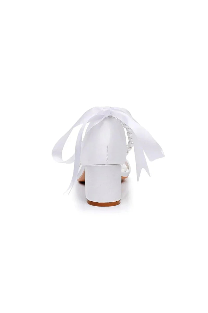 Single Strap Chunky Heels Sandals with Beaded Ribbons
