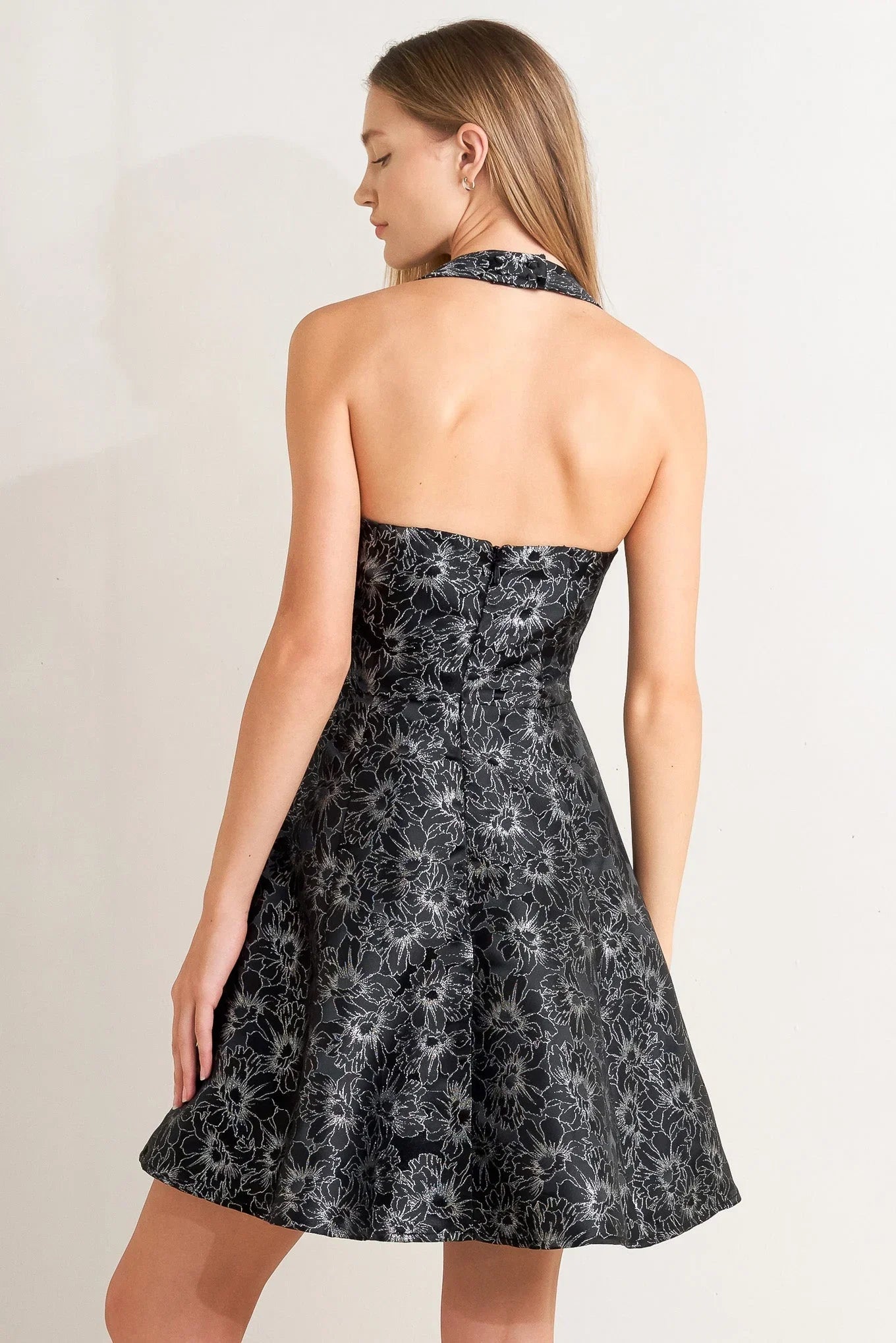 MYSTIC HOUR BLACK SILVER JACQUARD MINI DRESS