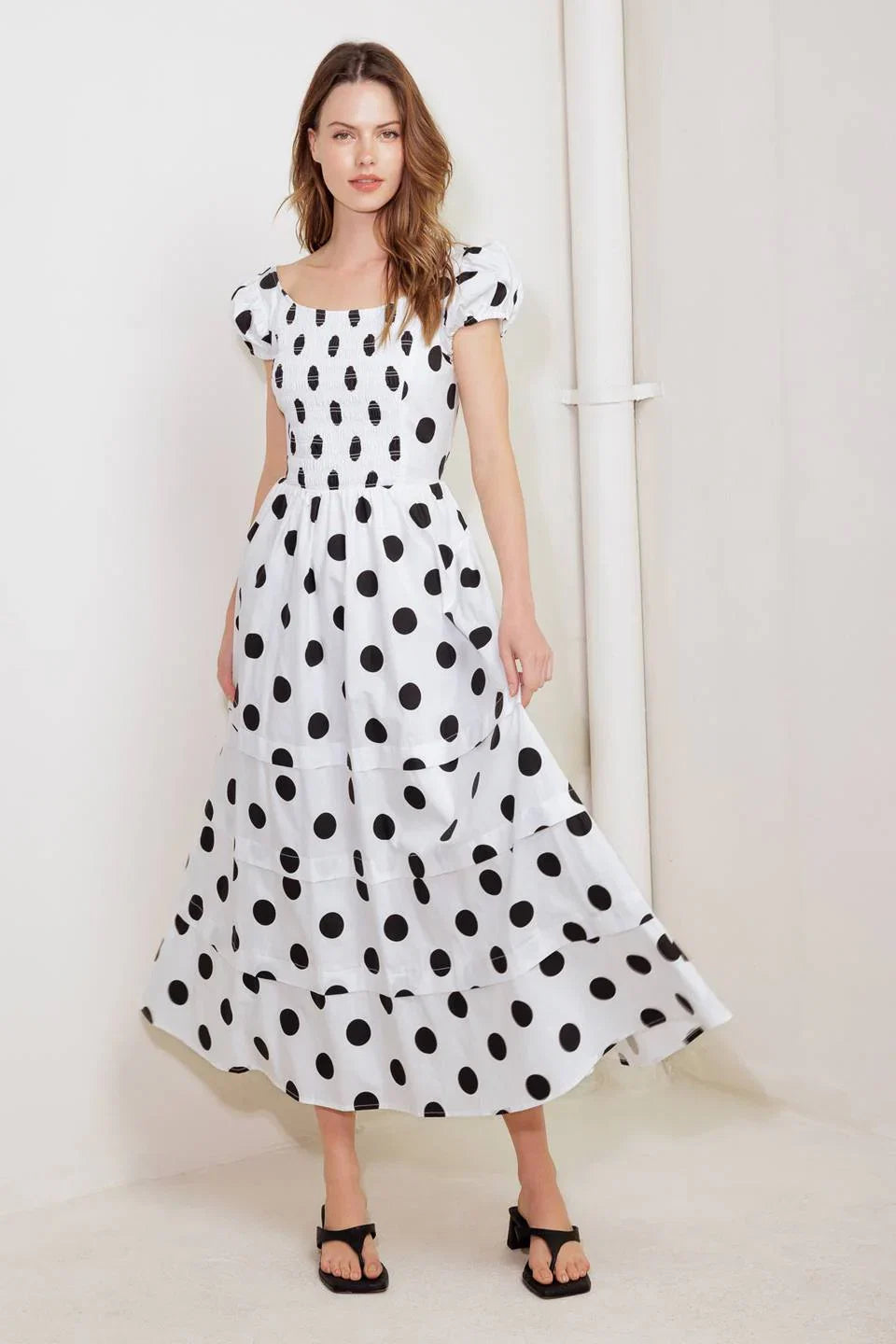 SHORT SLEEVE WHITE BLACK POLKA DOT MIDI DRESS