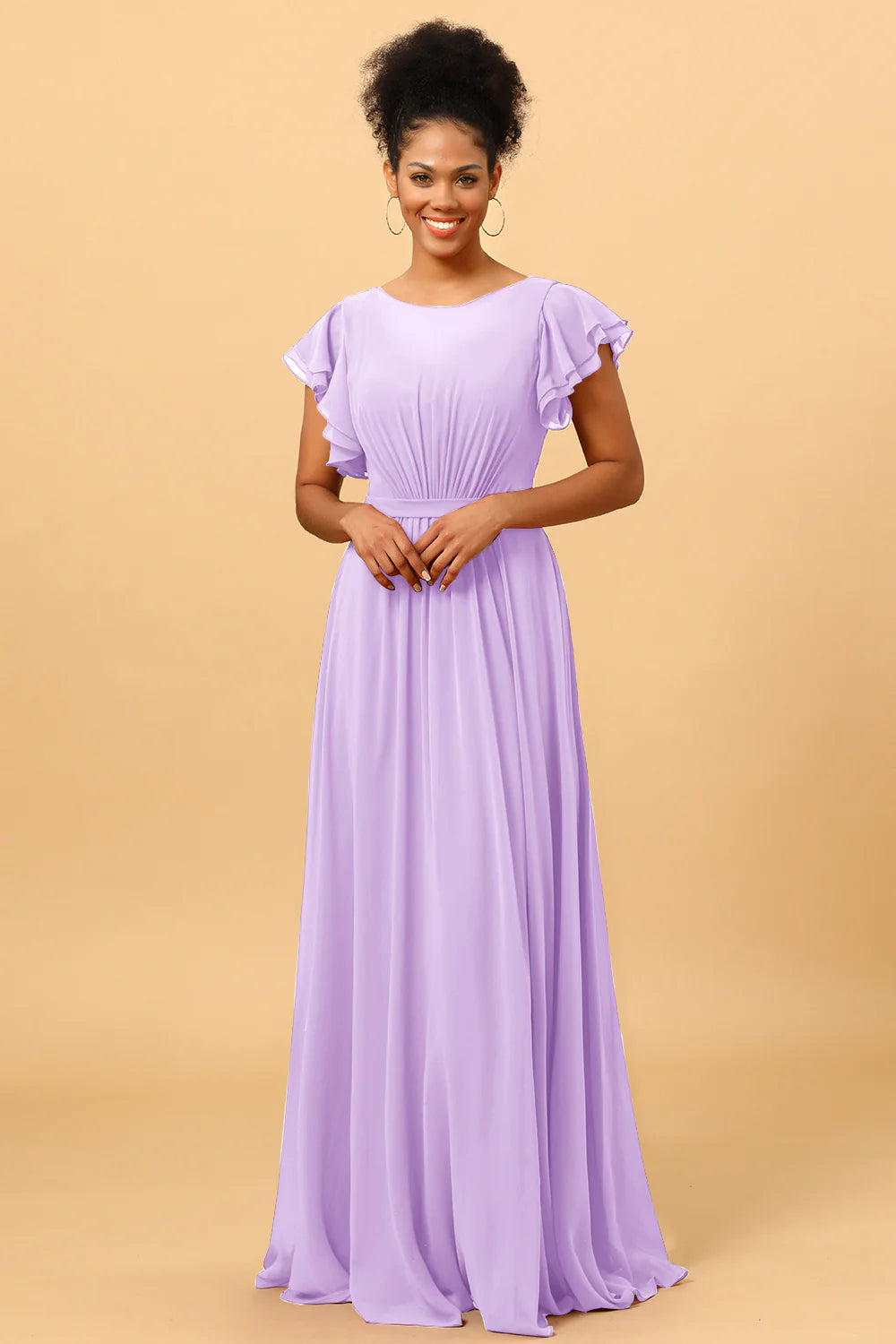A Line Bateau Neck Ruched Long Chiffon Bridesmaid Dress with Ruffles