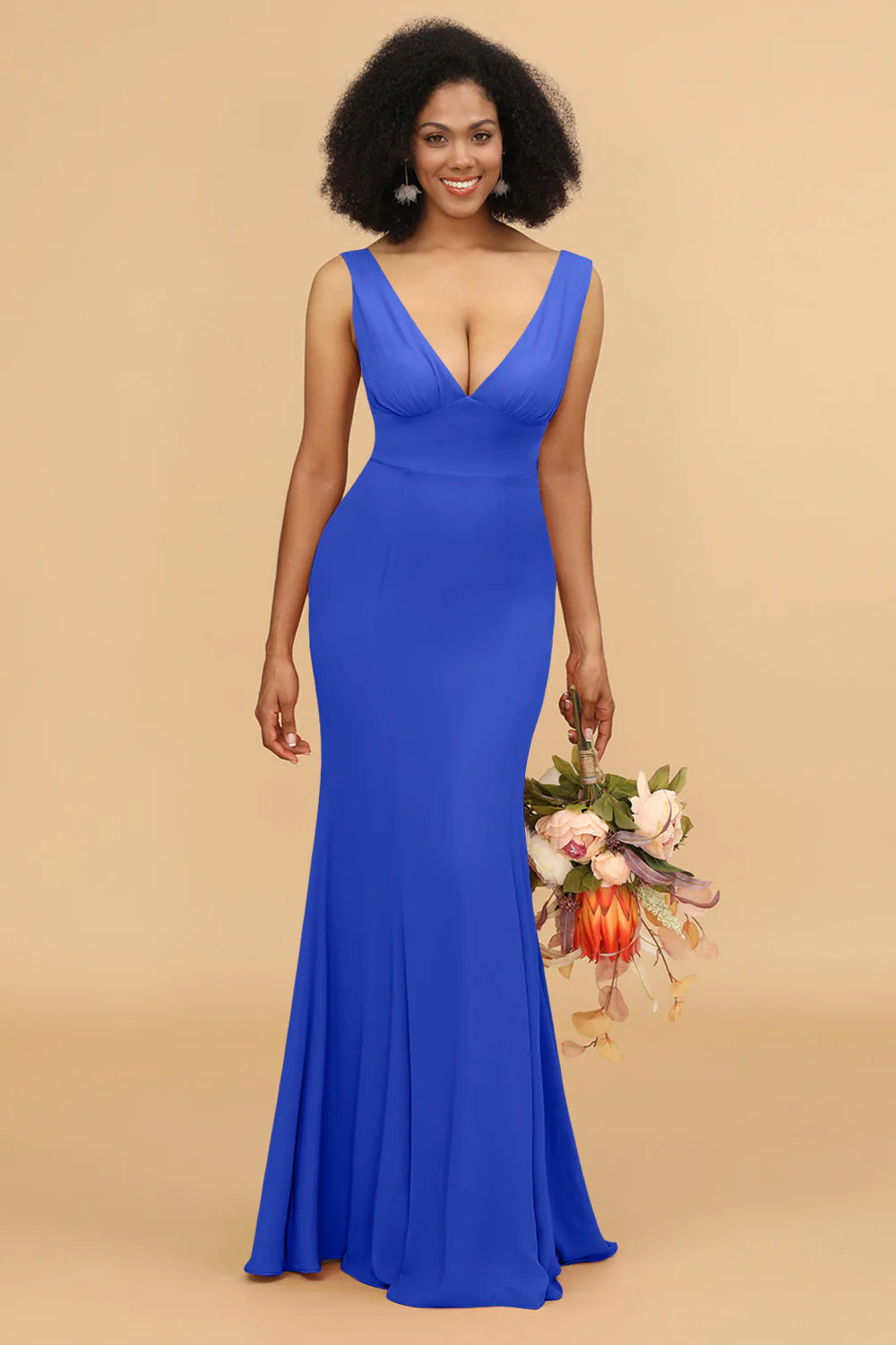 Mermaid V neck Open Back Long Chiffon Bridesmaid Dress With Ruffles