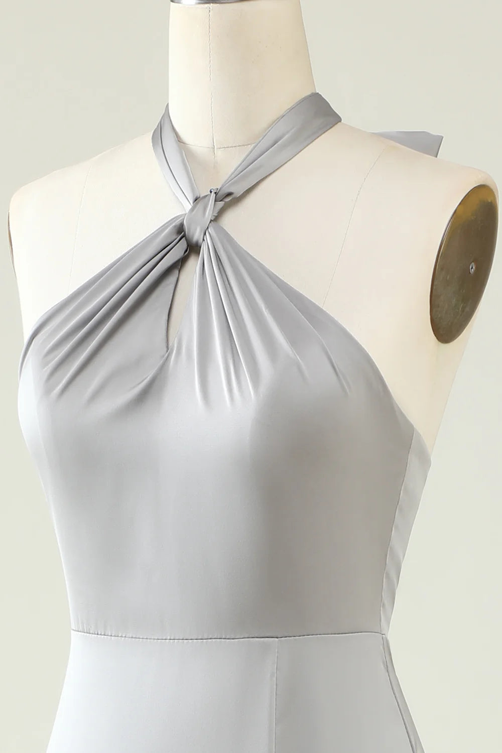 Grey A Line Halter Backless Bright Satin Bridesmaid Dress with Slit