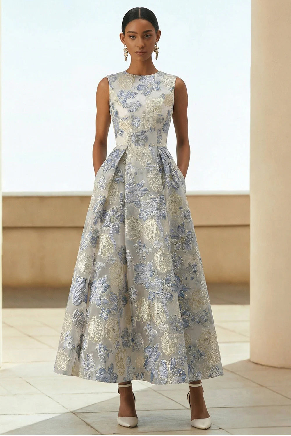 Dusty Blue A Line Floral Wedding Guest Dress with Pockets