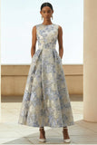 Dusty Blue A Line Floral Wedding Guest Dress with Pockets