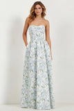White Blue Floral Strapless A Line Printed Long Bridesmaid Dress with Pockets