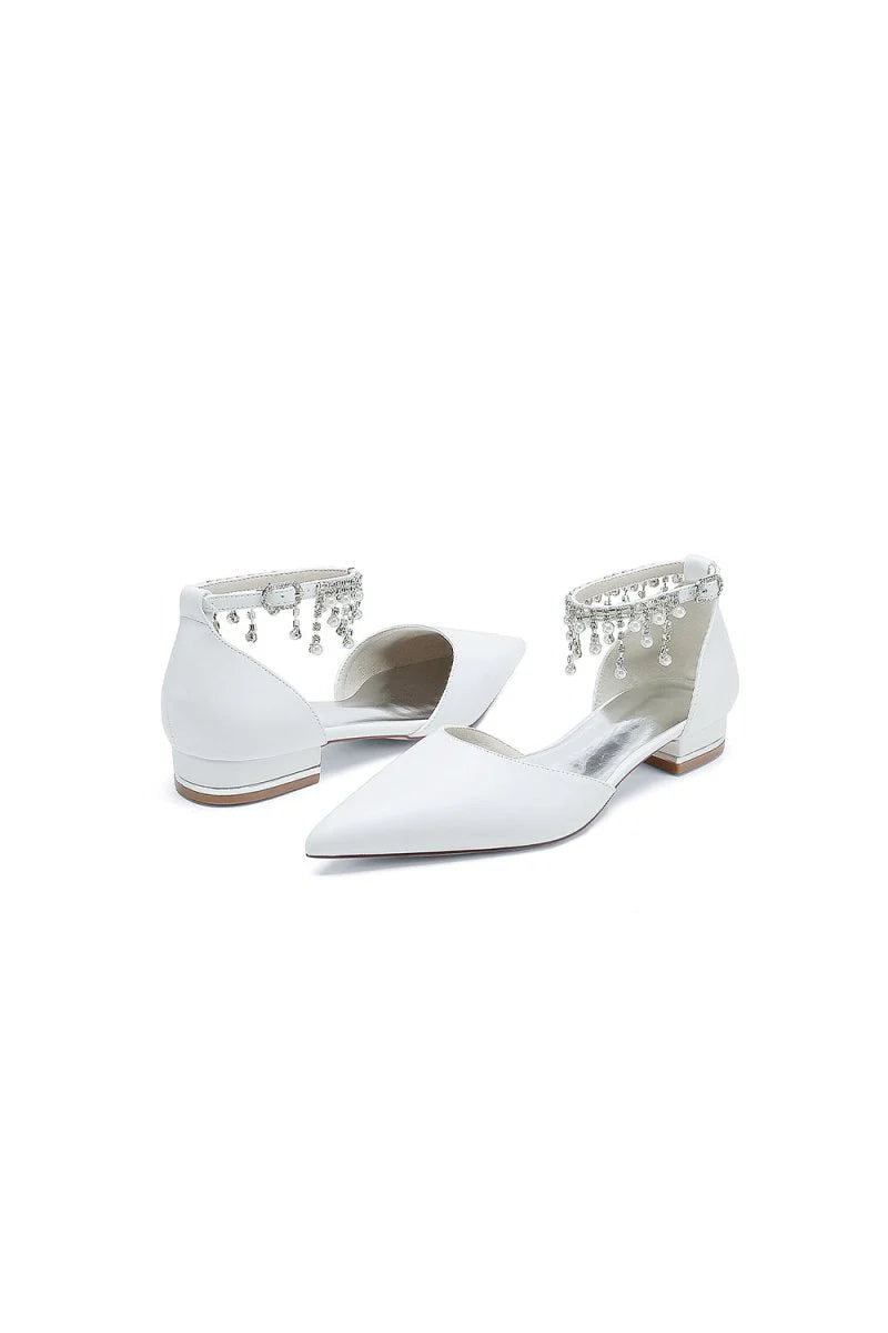 White Pearl Beaded Ankle Strap Pointed Toe Low Heels