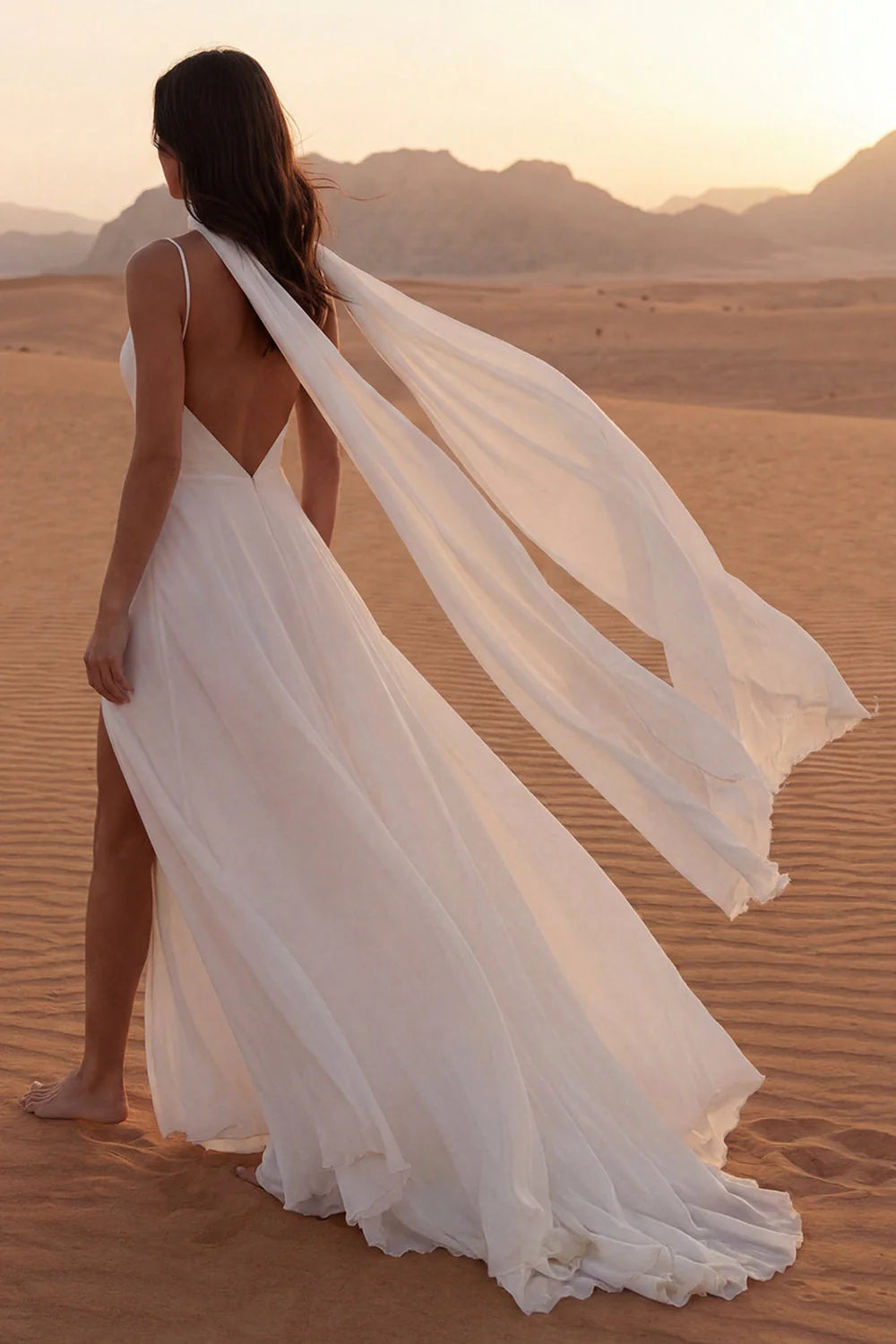 Simple A Line Ivory Backless Long Wedding Dress with Slit