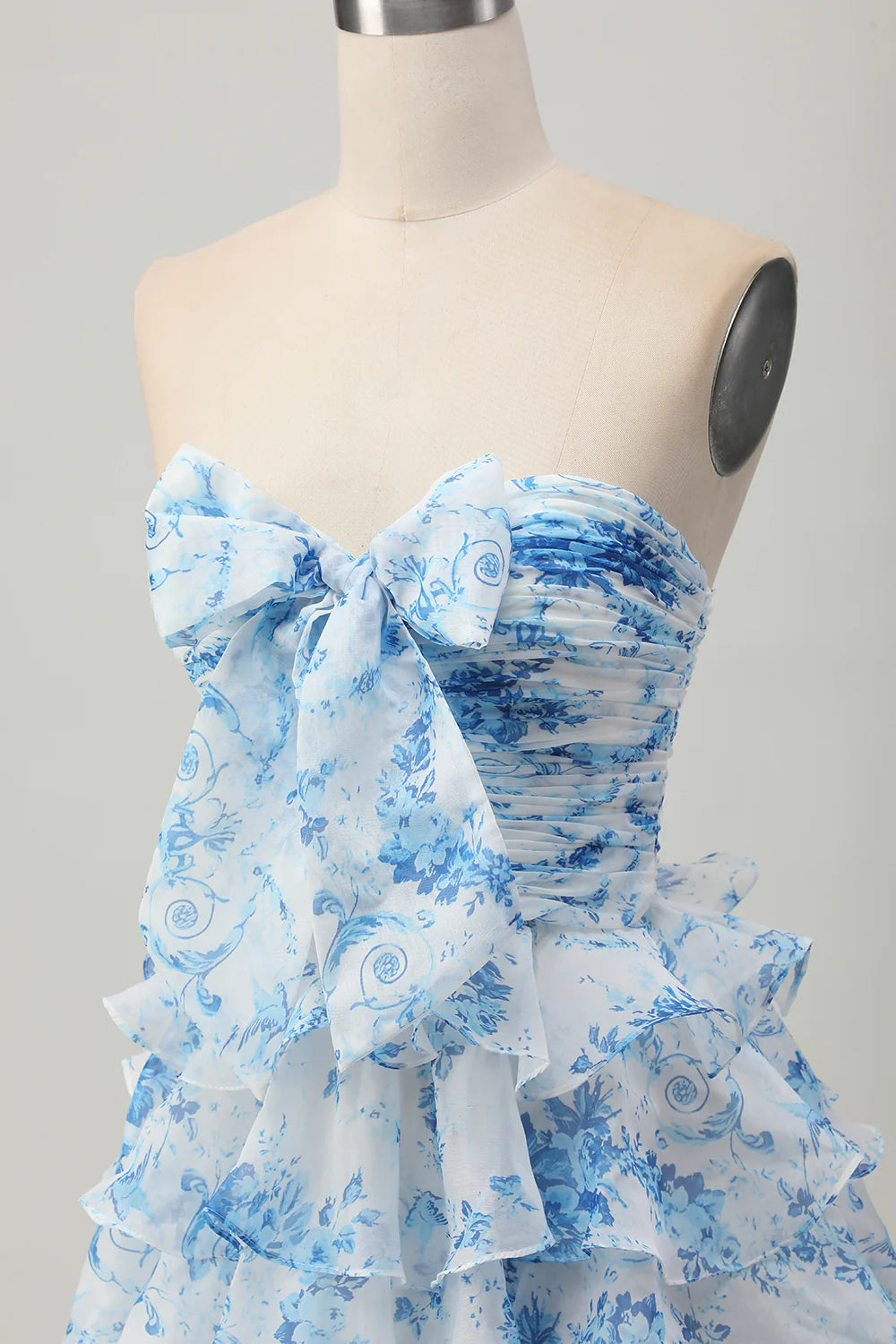 Strapless White Blue Flower A line Tiered Short Homecoming Dress with Bow