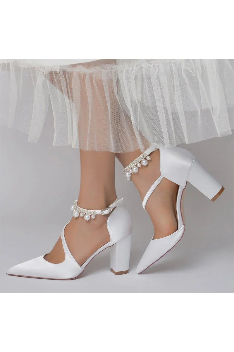 White Satin Heels with Cross Strap Design and Pearl Accented Buckle