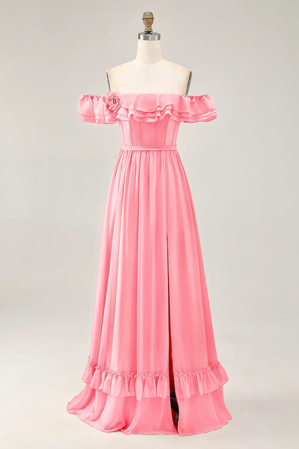 Dusty Sage A line Off The Shoulder Chiffon Long Bridesmaid Dress with Slit