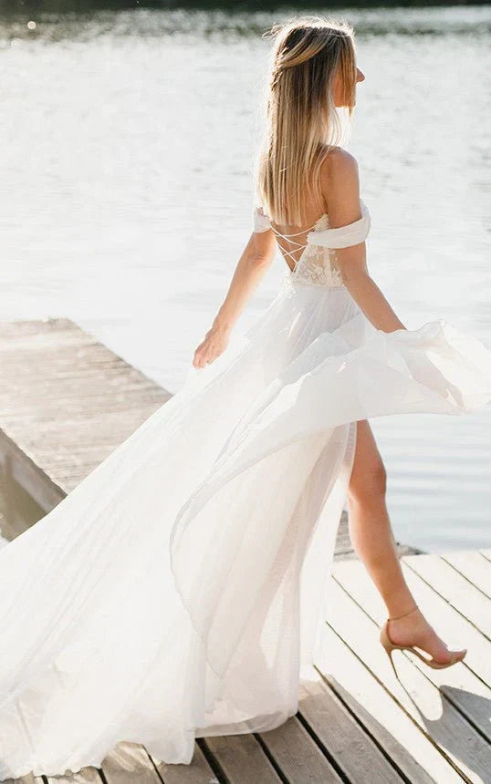 A Line Lace White Lace Up Off the Shoulder Wedding Dress with Slit