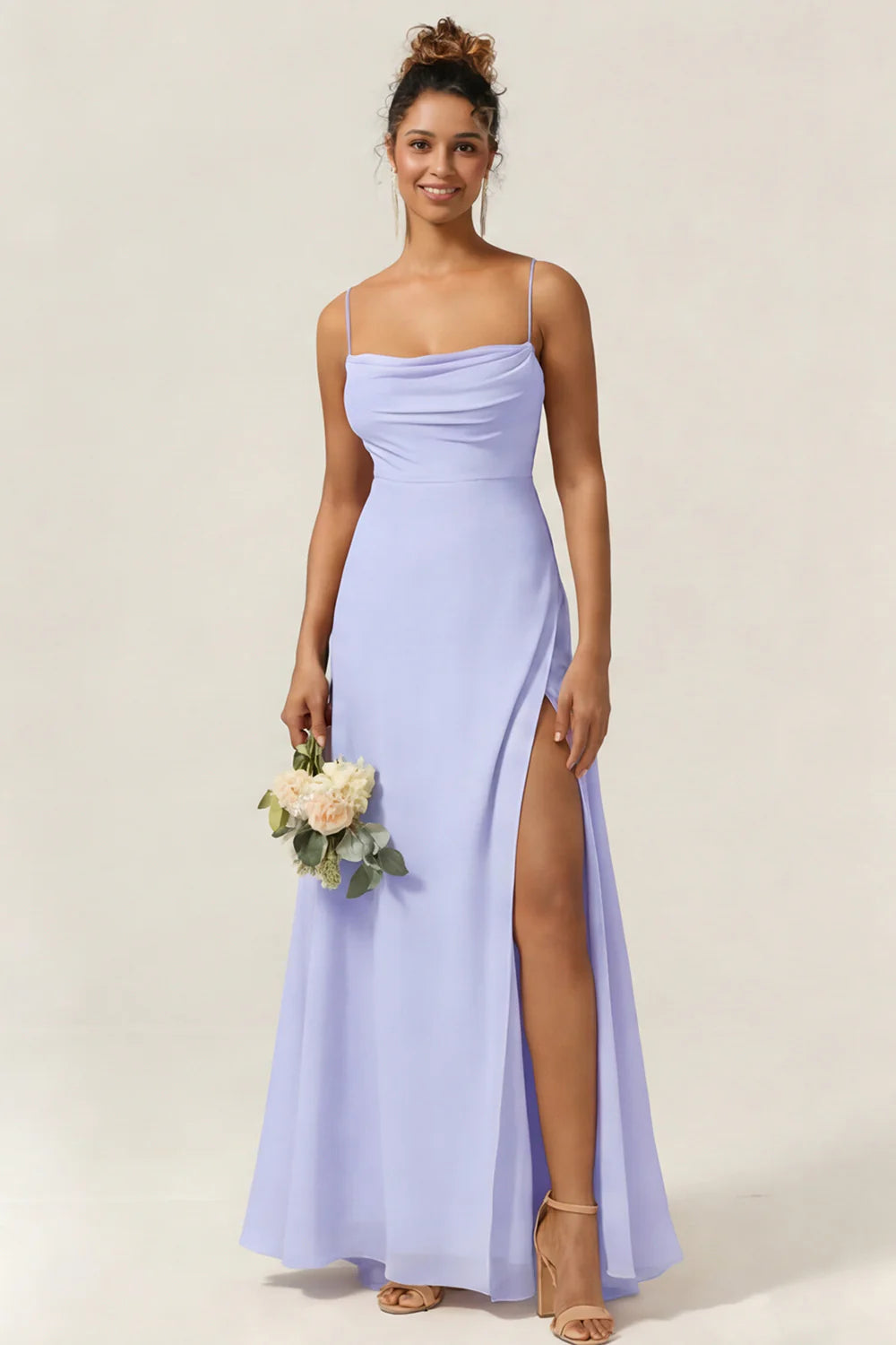 Blue Flower A Line Spaghetti Straps Chiffon Long Bridesmaid Dress with Slit