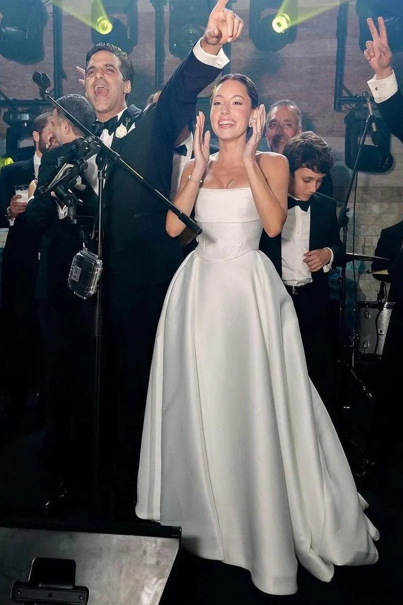 White Strapless Satin A Line Wedding Dresses