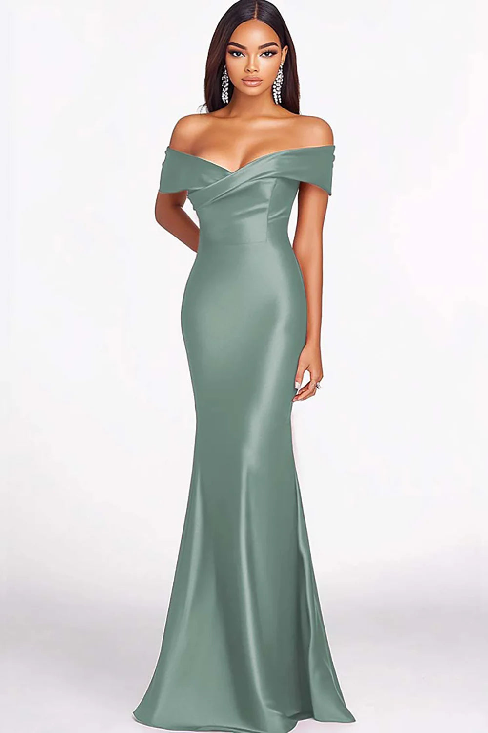 Dusty Sage Mermaid Off The Shoulder Satin Long Formal Dress