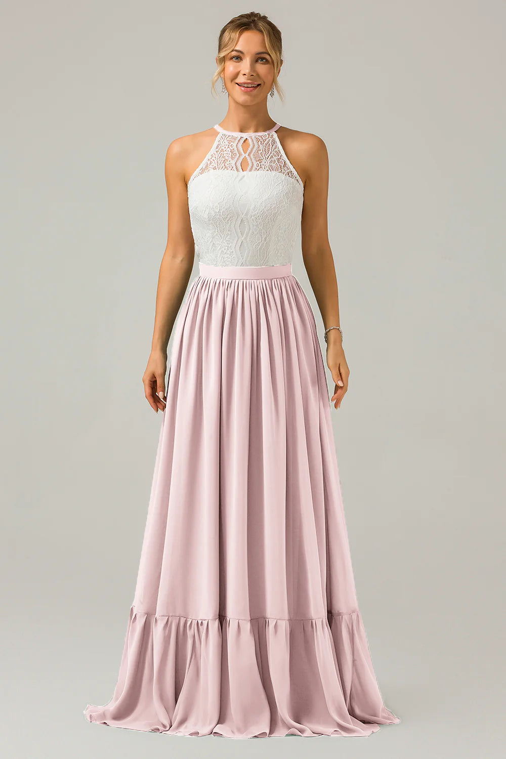 A Line Halter Pleated Keyhole Chiffon Bridesmaid Dress With Lace