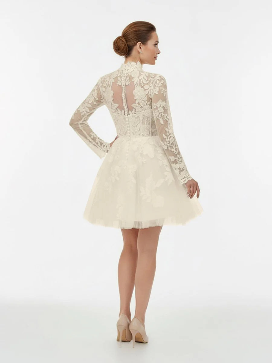 Short White A Line Illusion Neck Long Sleeves Lace Wedding Dresses