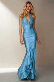 Sky Blue Halter Mermaid Ruffle Long Formal Dress
