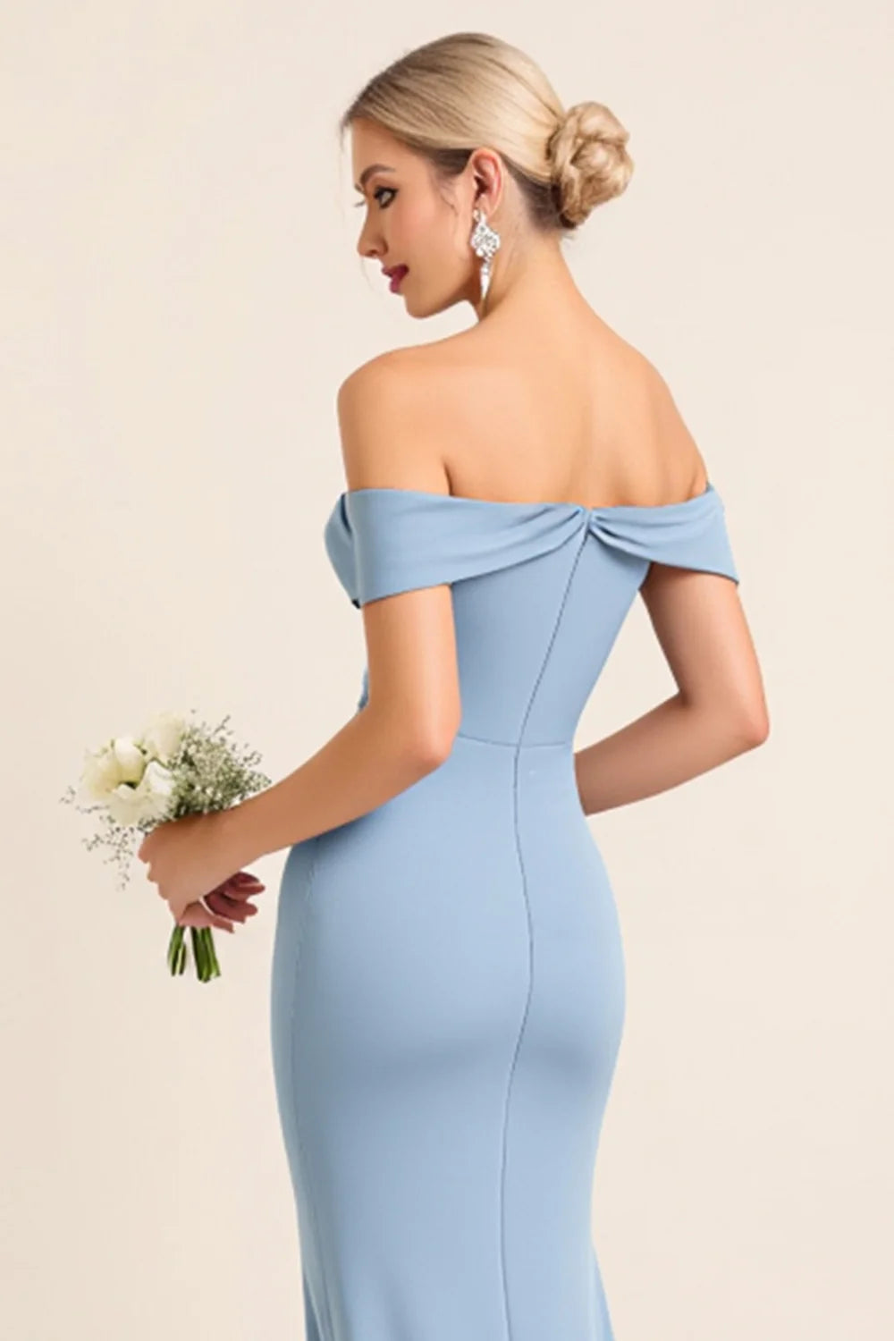 Dusty Blue Sheath Ruched Off The Shoulder Long Bridesmaid Dress