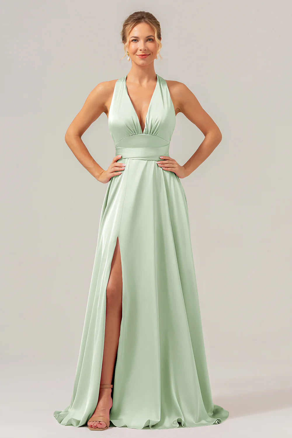 Pink A Line Deep V Neck Lace Up Back Long Satin Bridesmaid Dress with Slit