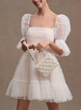 Pearl Short Reception Wedding Dresses With Bubble Sleeves