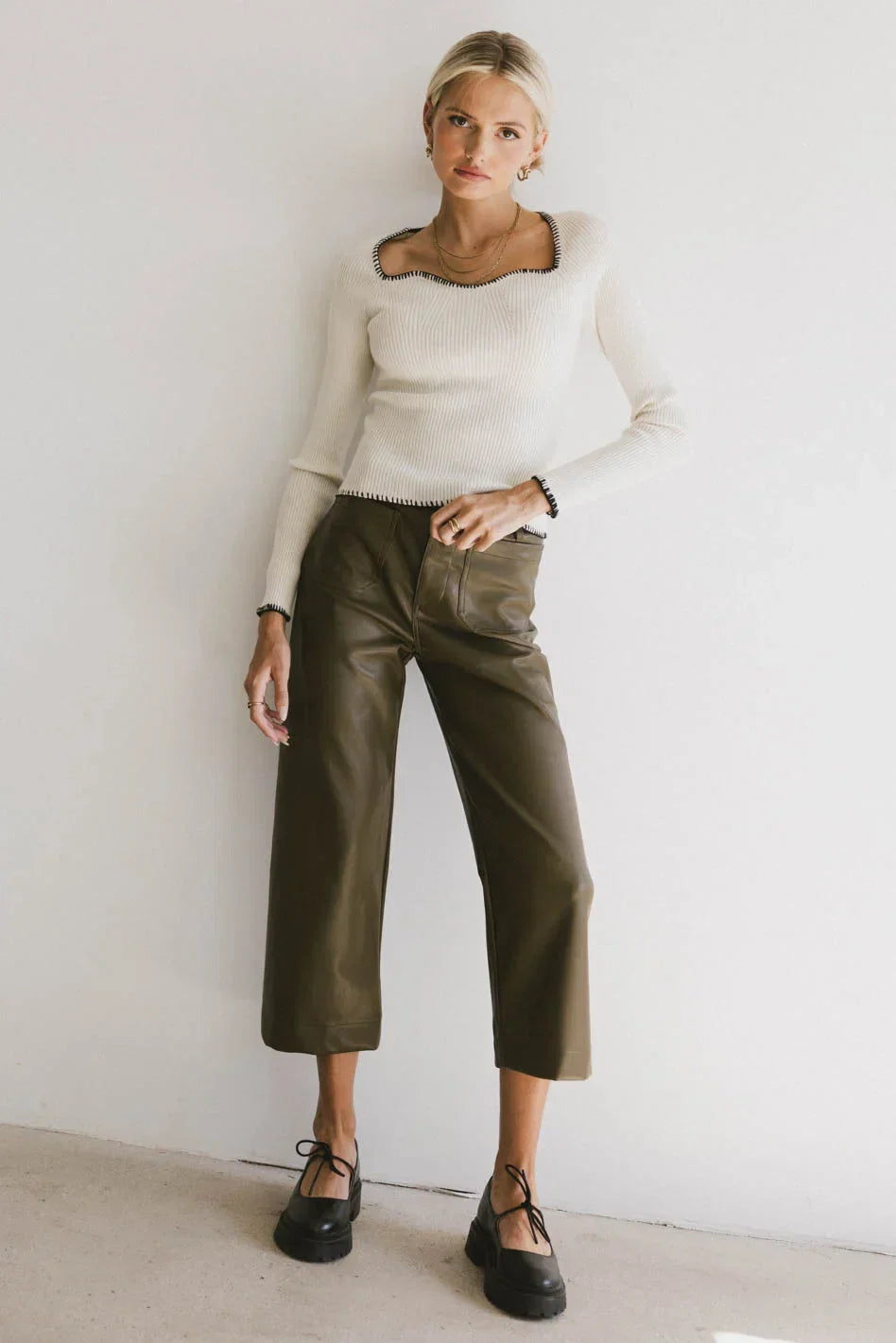 Sadie Wide Leg Pants in Olive Leather FINAL SALE