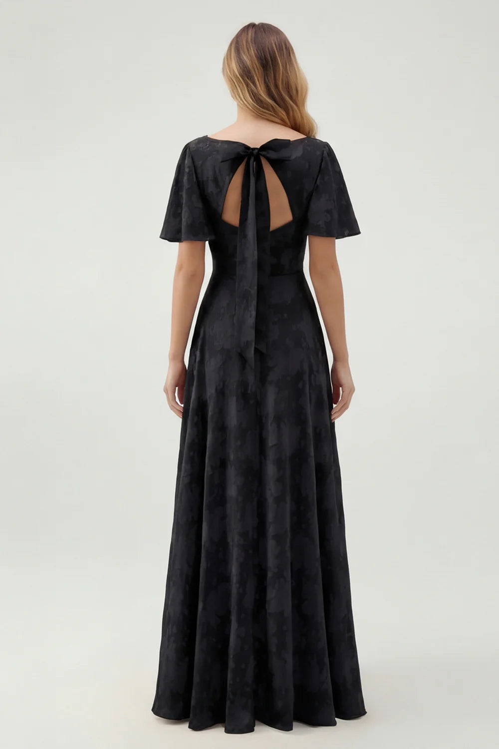A Line Sage Green Floral Jacquard Flutter Sleeves Maxi Dress with Bow Back